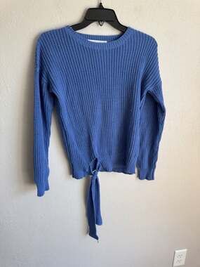 English Factory Blue Chunky Knit Crew Neck Sweater Womens XS Tied Waist Coquette